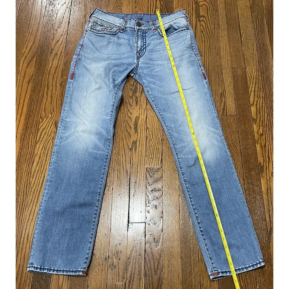 True Religion Ricky Blue Super T Relaxed Straight Flap Jeans Mens 33 Red Stitch